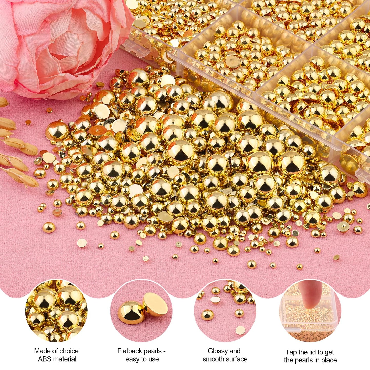 11000Pcs Flatback Pearls for Crafting (Gold), Assorted Size 2/3/4/5/6/8/10mm Half Pearl with 3Pcs 10ml B7000 Jewelry Glue, Bedazzling Bead for DIY Crafts Clothing Tumblers Shoes Embellishment Nail Art