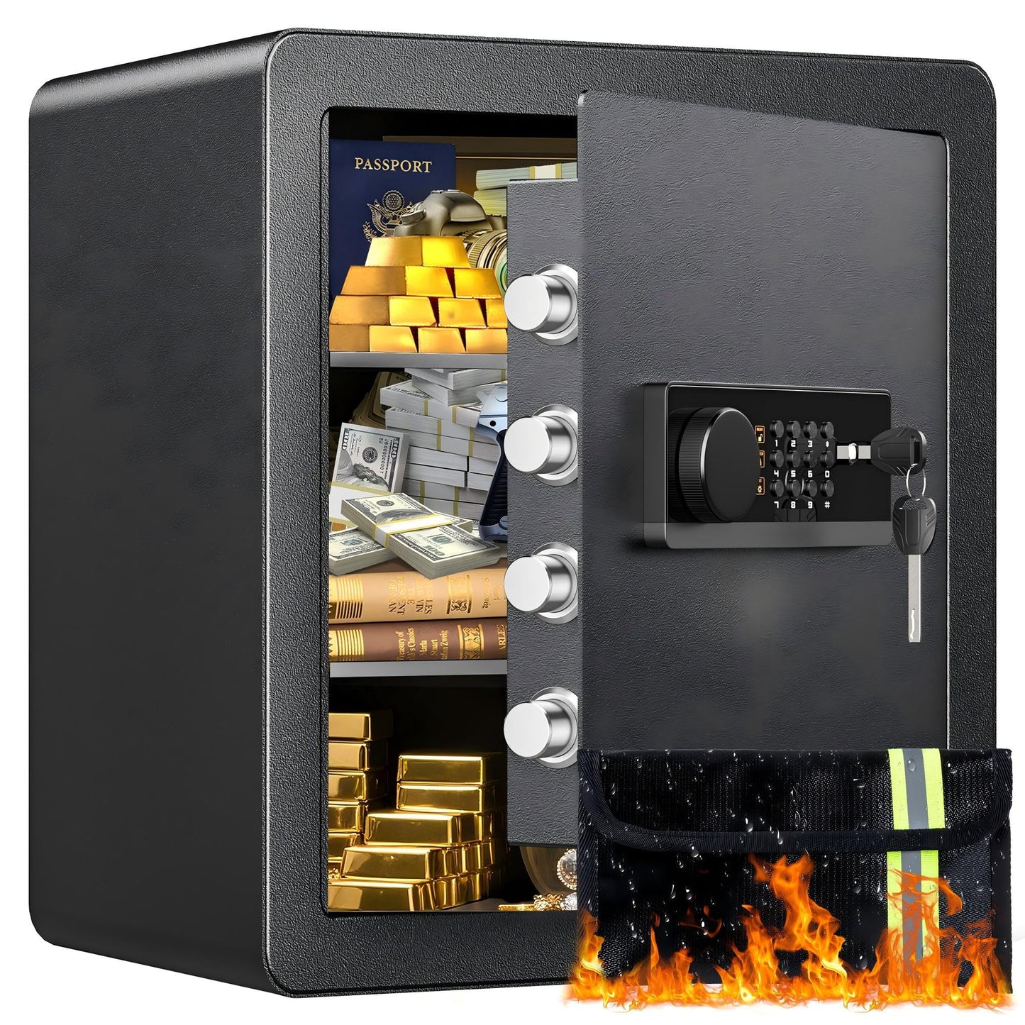 2.0 Cubic Feet Home Safe with Fireproof Money Bag, Steel Security Safe Box for Cash Document Valuables, Digital Lock Box with Electronic Keypad, Anti-theft Alarm System, Removable Shelves