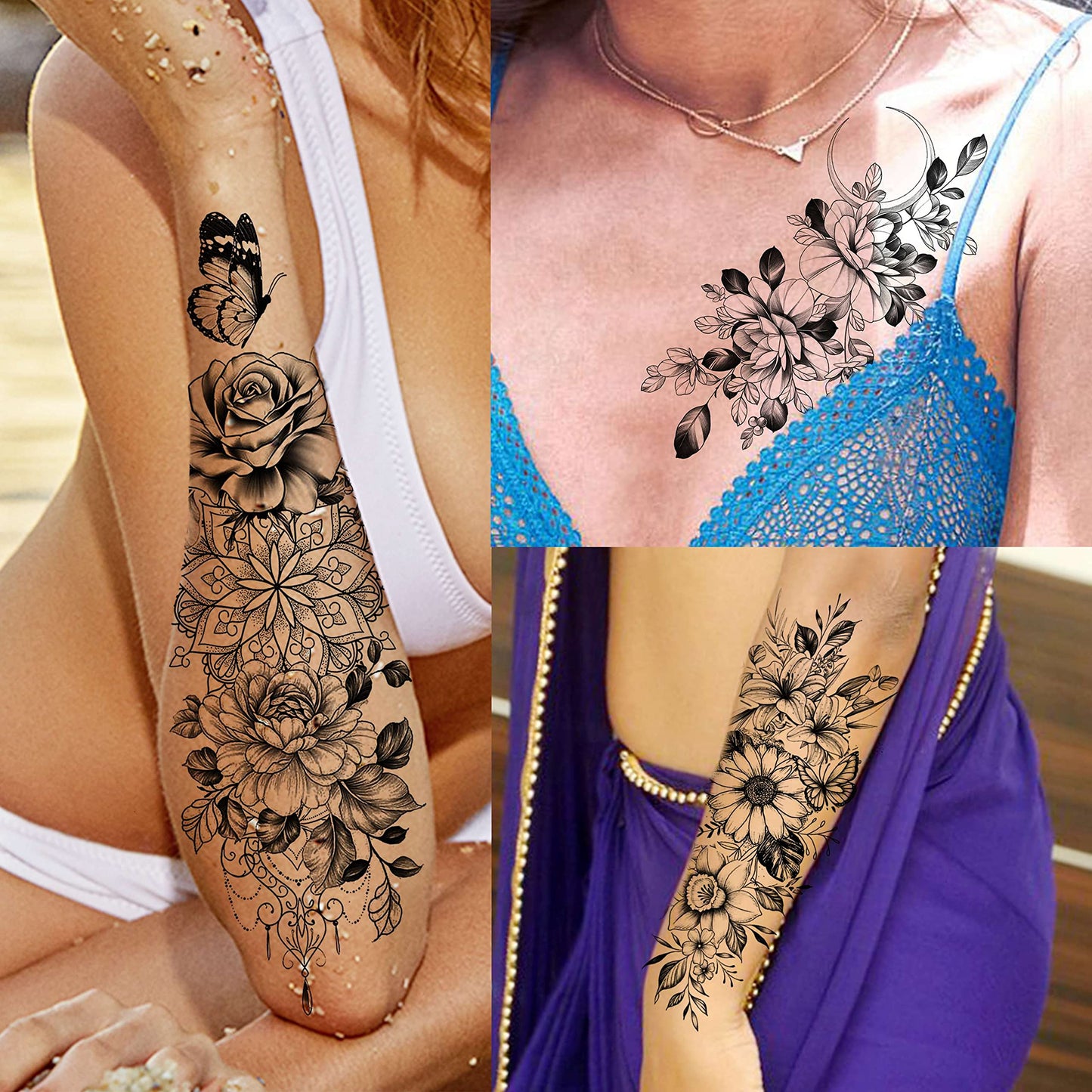 EGMBGM 69 Sheets Realistic Peony Rose Flower Temporary Tattoos For Women Girls Arm Thigh, Owl Tiger Floral Waterproof Long Lasting Temp Fake Tattoos For Women, Small Black Tattoo Stickers Kids Finger