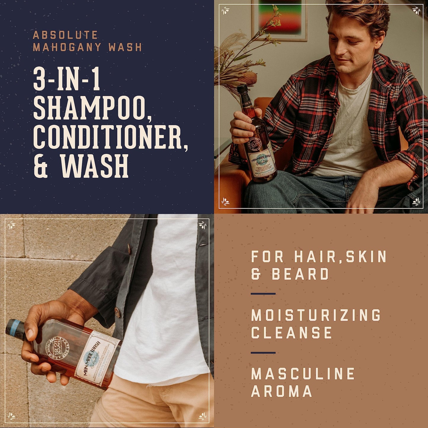 18.21 Man Made Original Absolute Mahogany 3-in-1 Body Wash, Shampoo, & Conditioner for Men, All Hair & Skin Types, Strengthens and Moisturizes in a Manly Aroma, 3.4oz
