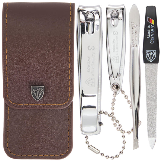 3 Swords Germany - Brand Quality 4 Piece Manicure Pedicure Grooming kit Set for Professional Finger & Toe Nail Care Tweezers File Clipper Brown Synthetic Leather case - Made by 3 Swords