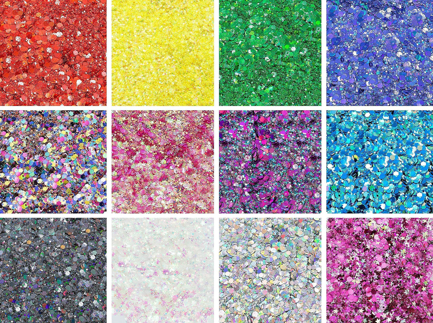 12 Pack - Multi-Colored Face & Body Glitter - Glue Included - Rainbow Chunky Glitter - Uses Include: Festival Rave Makeup Face Body Nails Resin Arts & Crafts, Resin, Tumblers, Bath Bombs